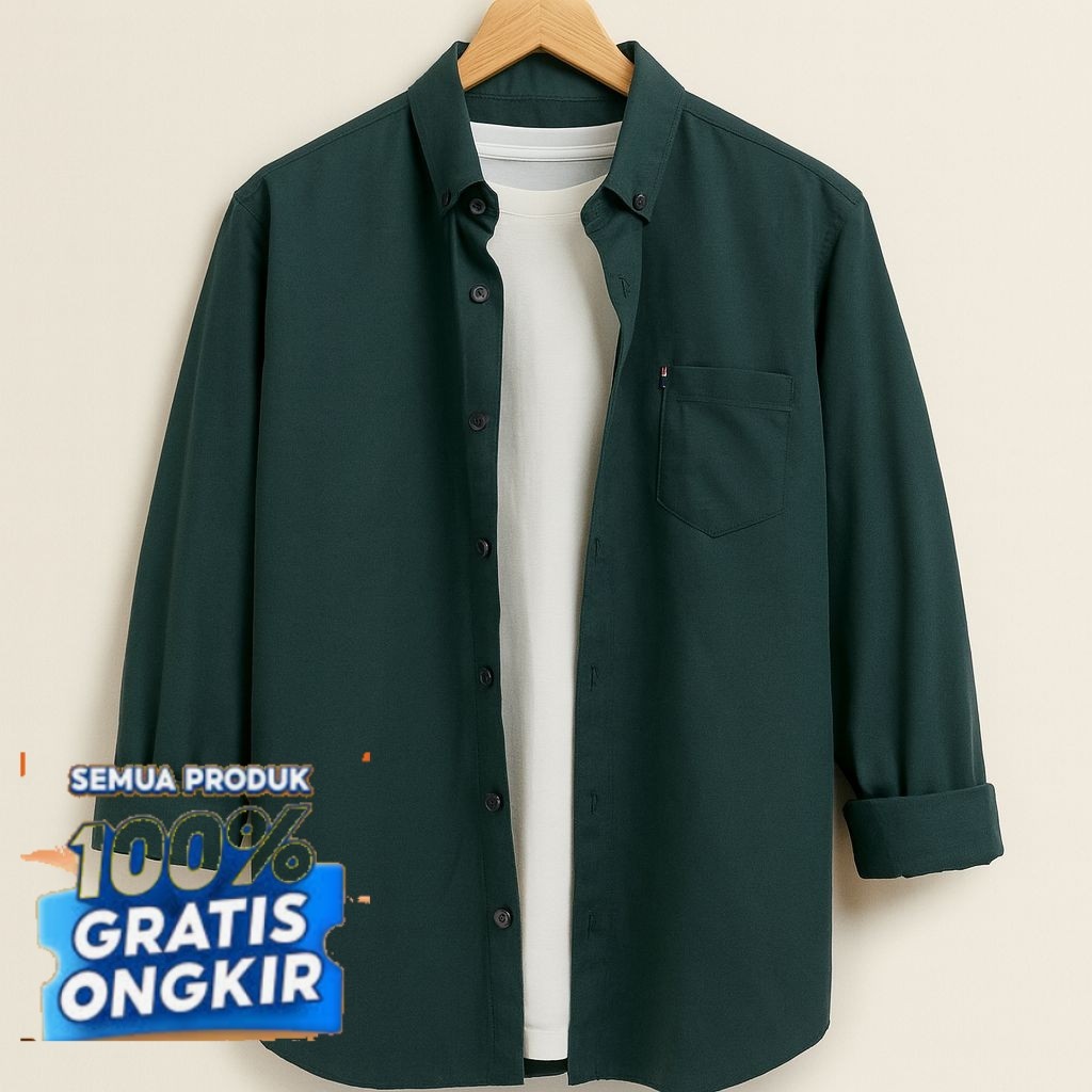 kemeja pria warna emerald green lengan panjang, kemeja emerald pria , kemeja pria polos warna emeral