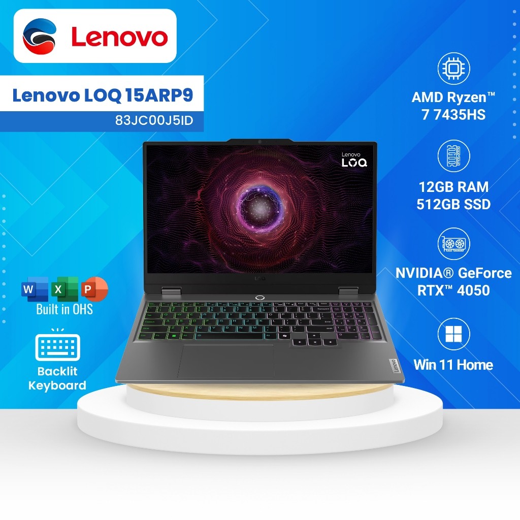 LENOVO Laptop LOQ 15ARP9 AMD Ryzen 7 7435HS 12GB 512GB SSD 15.6" FHD IPS 144Hz W11 + OHS NVIDIA GeFo