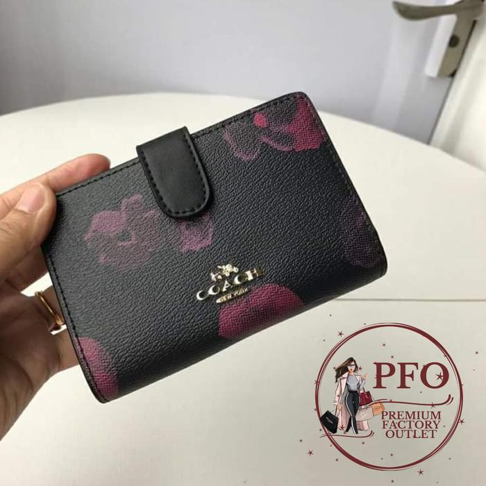 READY STOCK DOMPET F39127 Medium Corner With Halftone Floral Print Black