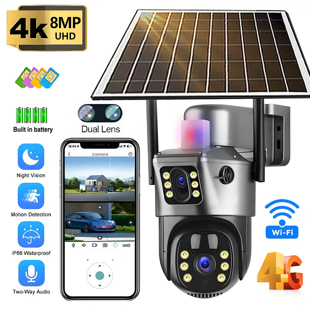 4G Solar Camera Outdoor Waterproof WiFi Security Cameras 4K 8MP HD Color Night Vision IP Wireless CC