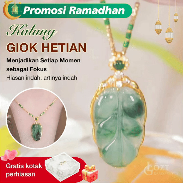 [PROMO RAMADAN]  Kalung Liontin Giok Hetian Asli  Motif Daun Emas - Kado Berkah Kesehatan untuk Ibu 