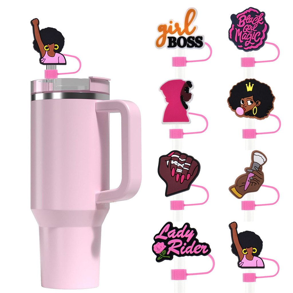 5pcs Pink Black Girl Straw Covers for Stanley Cup Silicone Straw Topper for 10mm Drinking Straw Tip 