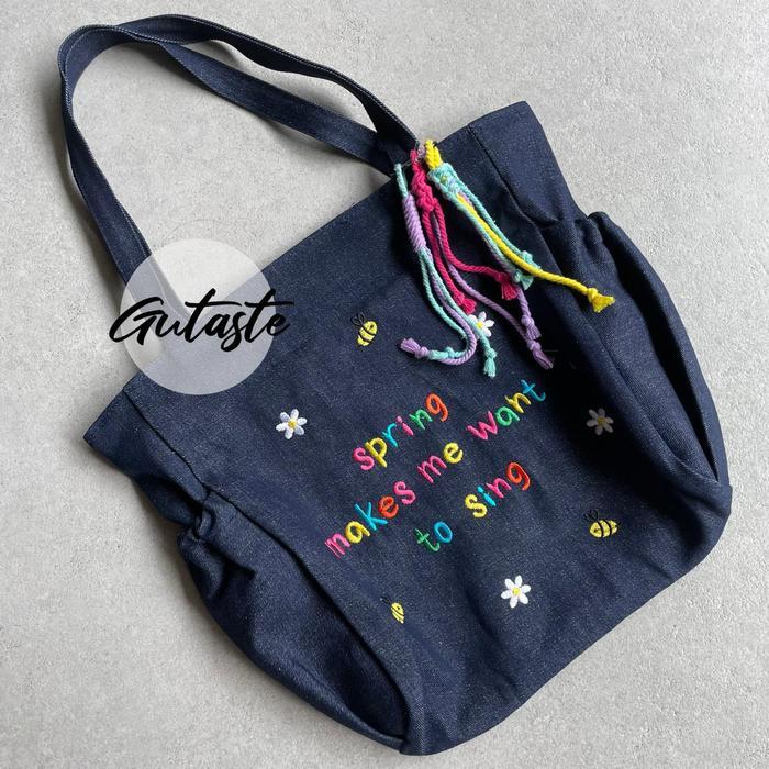 TOTE BAG SAKU MACRAME SPRING (Tas Kuliah Kerja Handmade) - Jeans, Bday