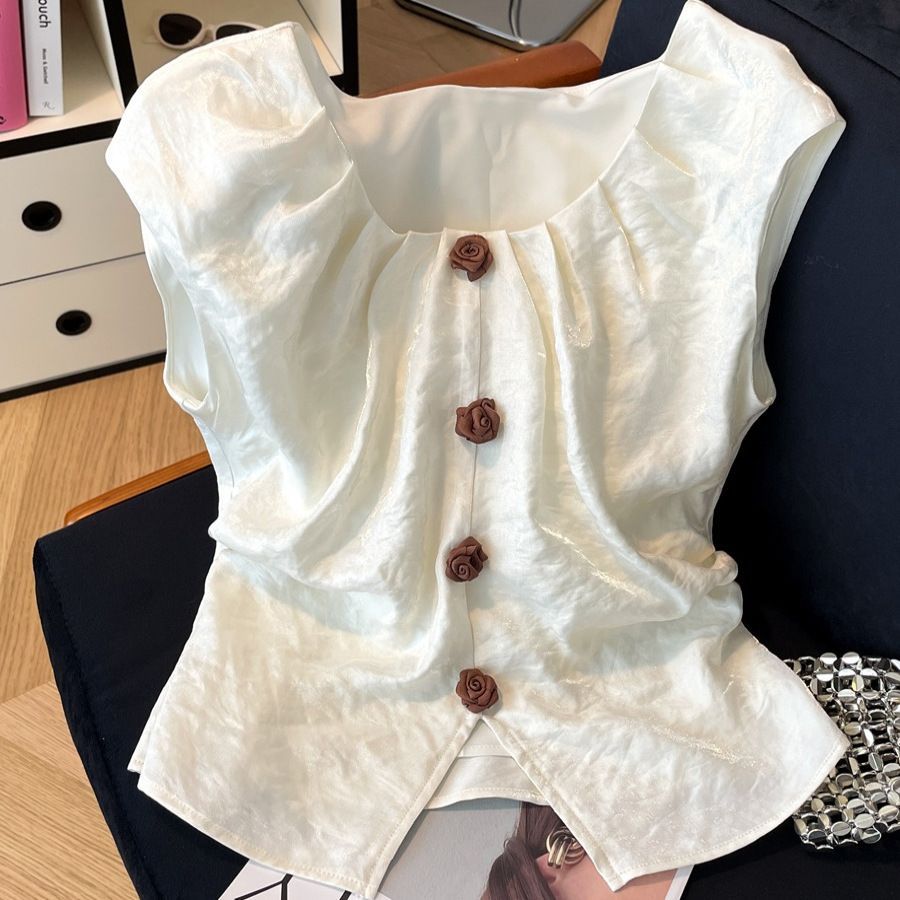 Kemeja Tanpa Lengan Bunga Asetat Putih Satin Wanita