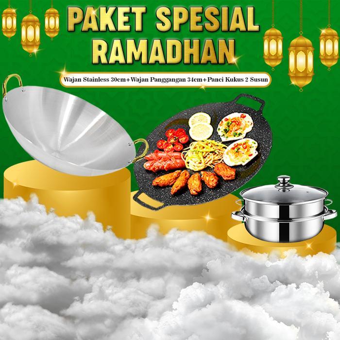 (SS) Paket Super Lengkap Wajan Stainless Steel 30cm + Wajan Panggangan 34cm Anti Lengket + Panci Sup