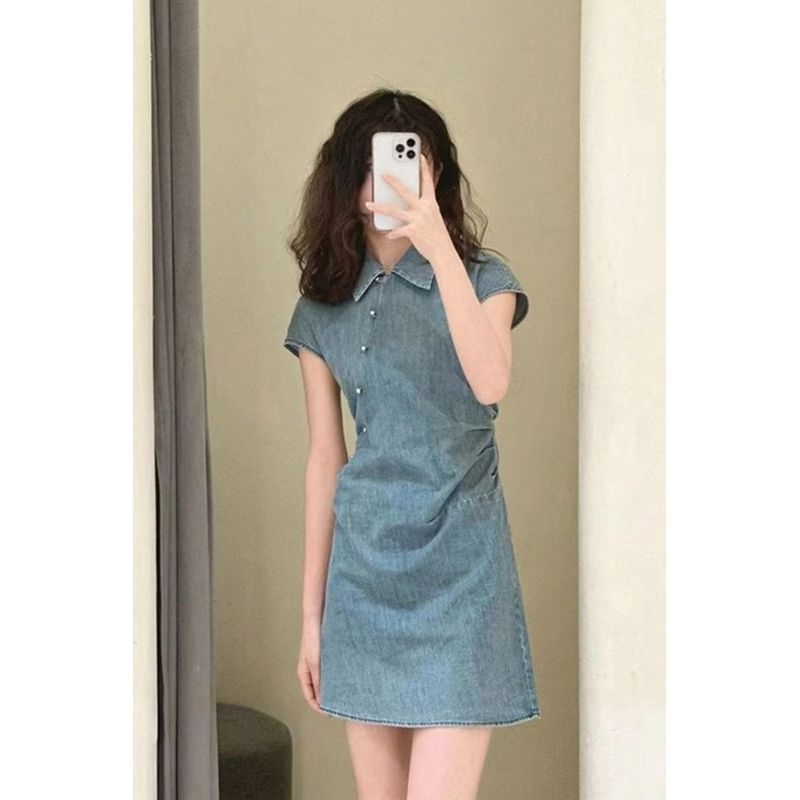 [Bulan Lembut] [COD] Gaun denim gaya Cina dengan kancing simpul Cina untuk wanita