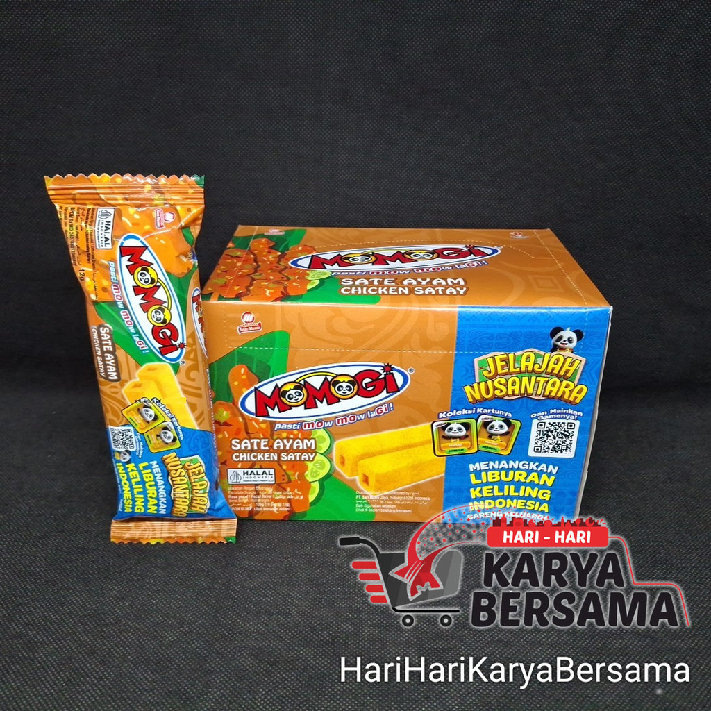 MAKANAN RINGAN SNACK MOMOGI RASA SATE AYAM CHICKEN SATAY BOX ISI 10'S X 12GR.