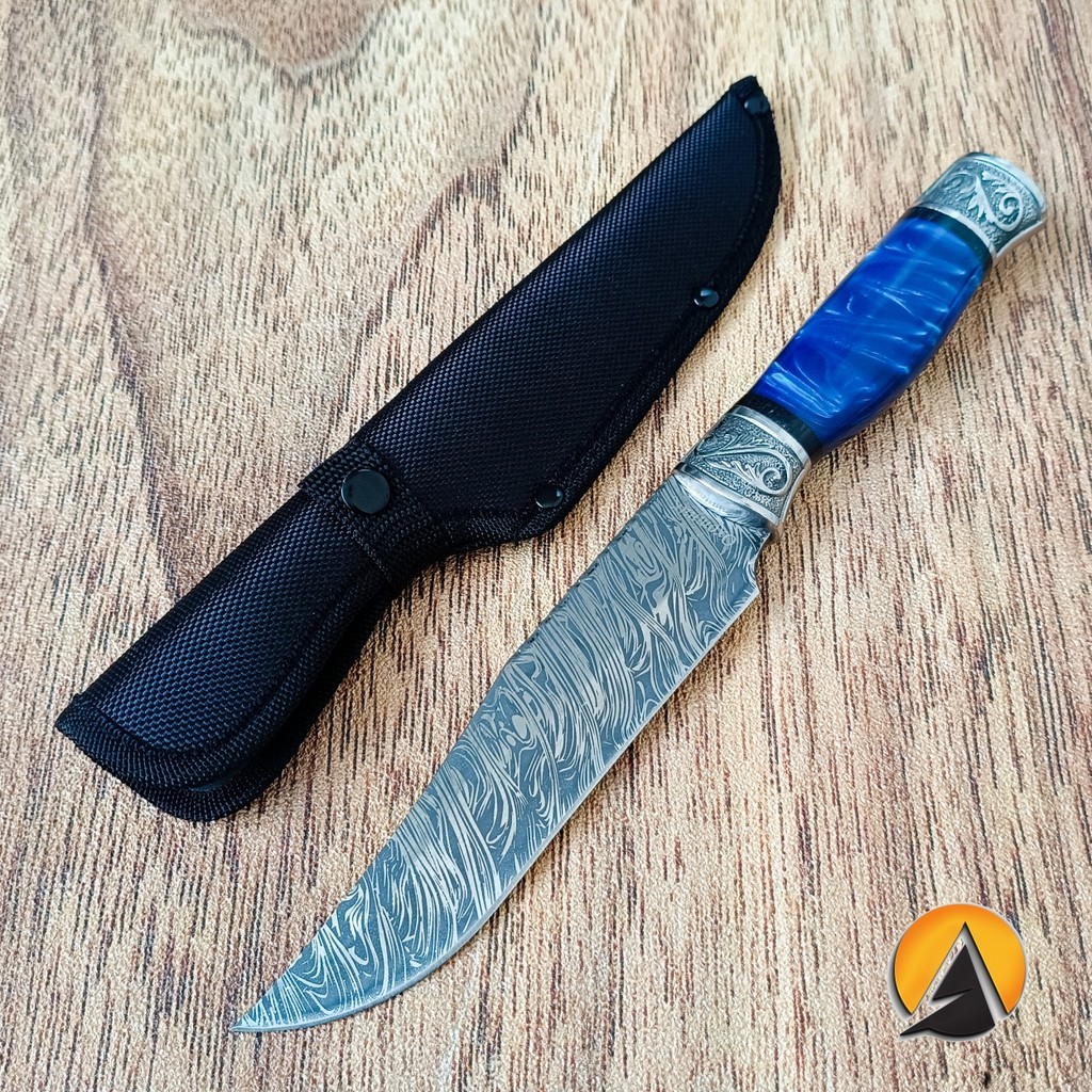 Pisau Camping Survival Outdoor Motif Damascus Handle Biru P1517