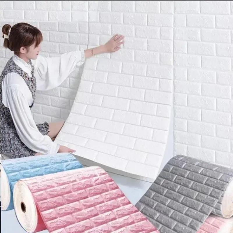 70cm*1/5/10m 3D Self-Adhesive Wallpaper Continuous Waterproof Brick Wall Stickers Living Room Bedroo