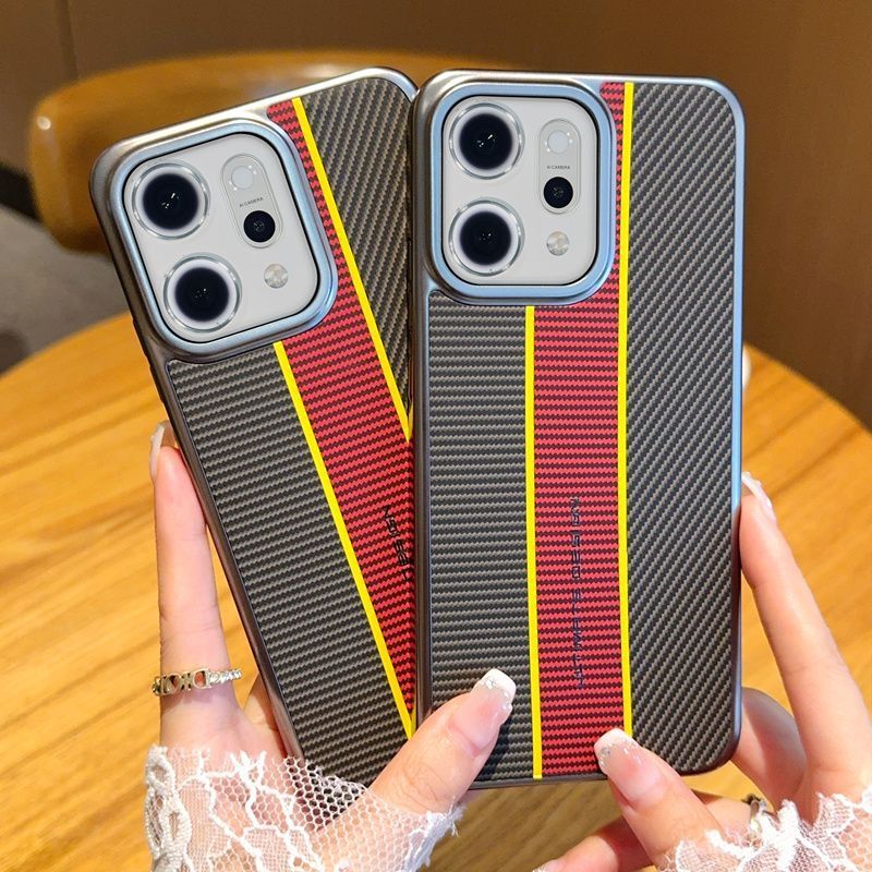 Pola Serat Karbon Warna Merah Kuning Cocok untuk OPPO Reno 14 Pro Casing Ponsel Tahan Guncangan Casi