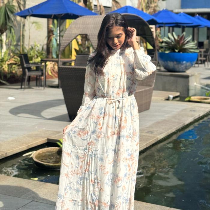 Long Dress Gamis Muslim Wanita FLoral Vintage Elegant Premium Quality - Putih Bunga, All Size
