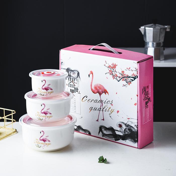 MANGKOK SAJI SET CERAMIC TABLEWARE ISI 3 DENGAN PENUTUP KADO SOUVENIR - FLAMINGO