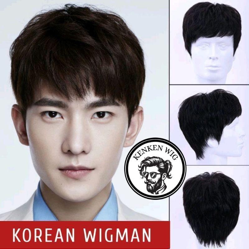 Wig Pria Rambut Pendek Poni Panjang Tebal Warna Hitam Rambut Palsu Cowok Poni Korean Wigman