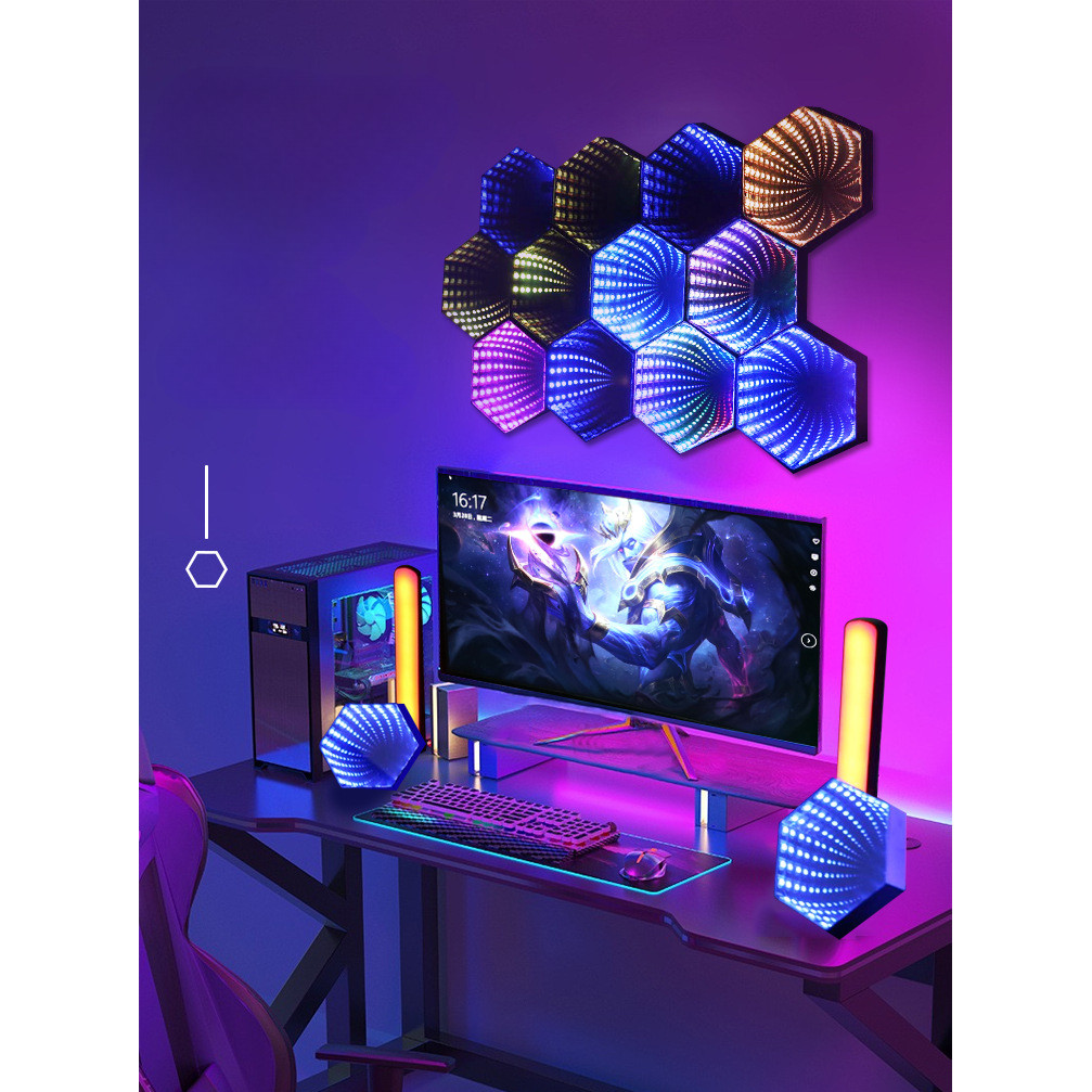 RGB 3D Hexagonal Mirror Tunnel Light LED Desktop Ambient Lamp Compute Game Music Rhythm Sync Pickup 
