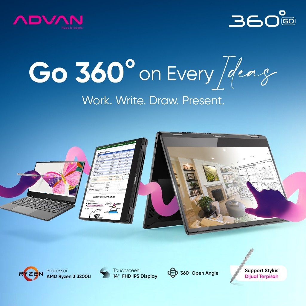 ADVAN Laptop 2 In 1 360 GO | Touchscreen | 14 Inch IPS FHD | 4GB/256GB | Windows 11 | Garansi Resmi 