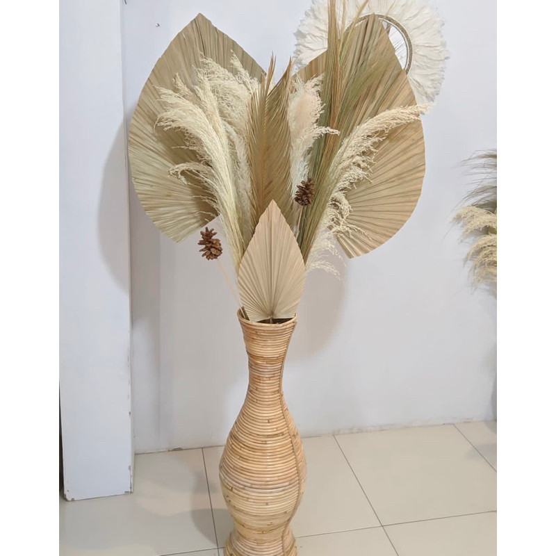 PAKET HEMAT DAN VAS ROTAN 70CM SUPER JUMBO PAMPAS+DAUN PALEM KERING+BUNGA KERING+FREE PINUS TANGKAI/