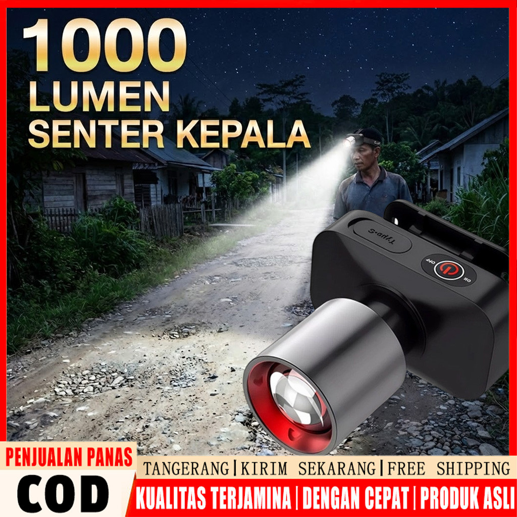 Senter kepala super terang anti air 1000 Lumen senter led super terang lampu senter kepala zoom supe