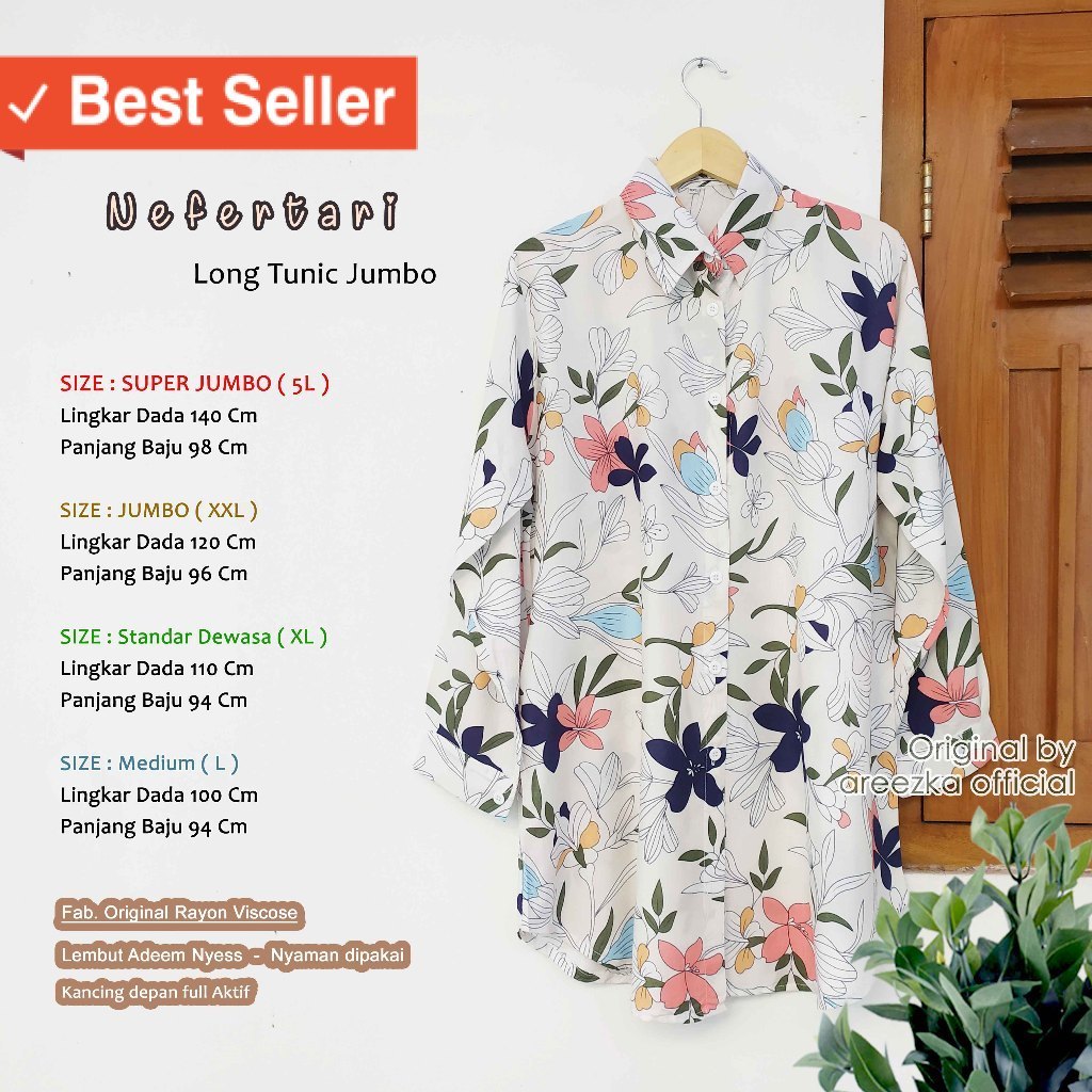 Baju Lebaran Murah / Nerfertari Tunik JUMBO Rayon Premium LD 120 140 Areezka Tunik Viral