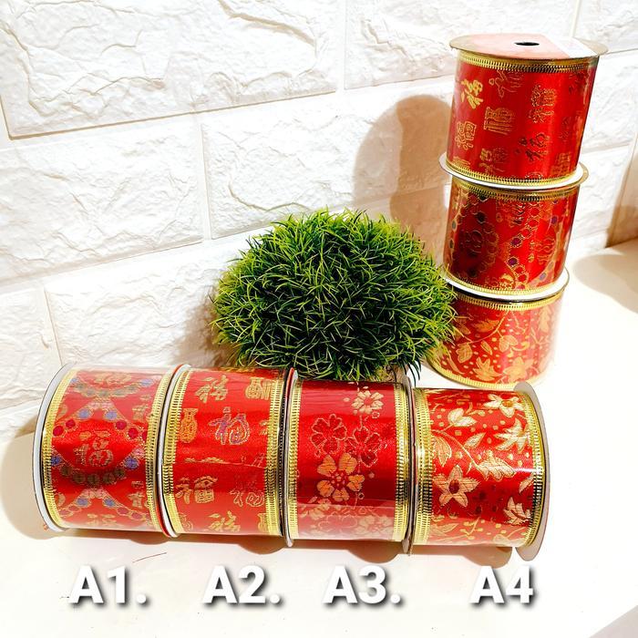 Pita Imlek Merah 5 cm Pita Kawat Fu Fuk Hoki Warna Merah Parcel Imlek - MOTIF BUNGA Terlaris