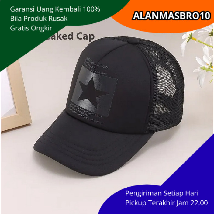 Topi Trucker Pria Jaring Belakang Mesh Logo Bintang Desain Casual Keren Visor Panjang Strap Adjustab