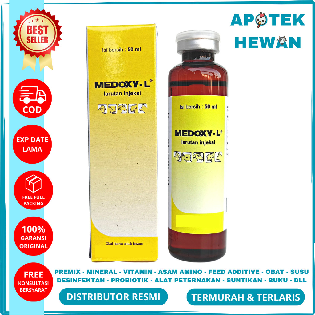 MEDOXY L 50ml | Obat Injeksi Untuk Ayam Kucing Sapi Domba Kuda Sakit Snot Ngorok CRD Berak Hijau | M