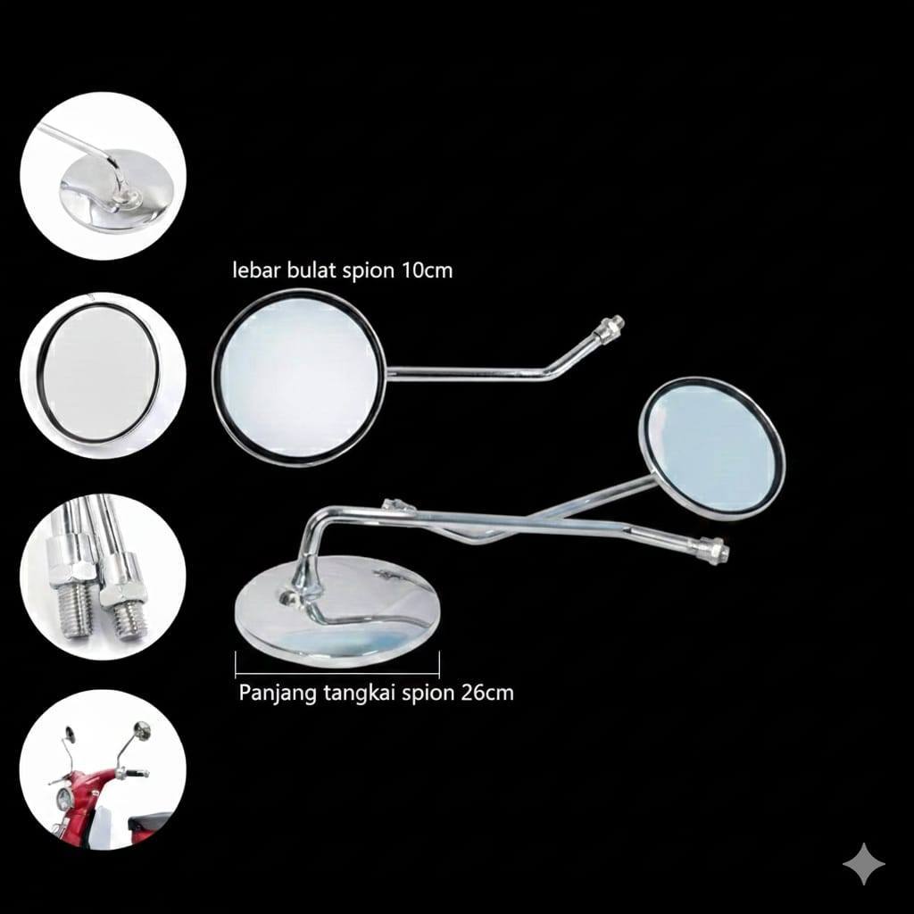 Kaca Spion Vespa Reto Classic Bulat Full Crom Drat Ymaha H0nda Model c50 c70 c90 Krome Cb Japstyle T