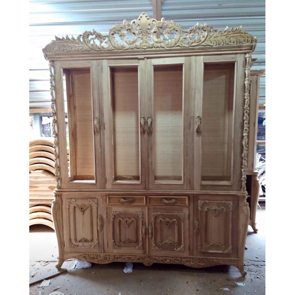 Lemari hias elfina jati ukiran jepara mentah hrg pengrajin FG3