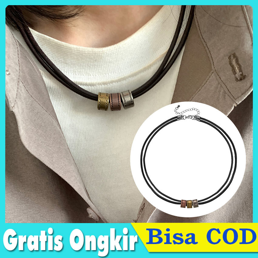 Kalung Tali Pria Liontin Cincin Metal Ring Necklace Cowok Korea Hip Hop Simple Keren Aksesoris Distr