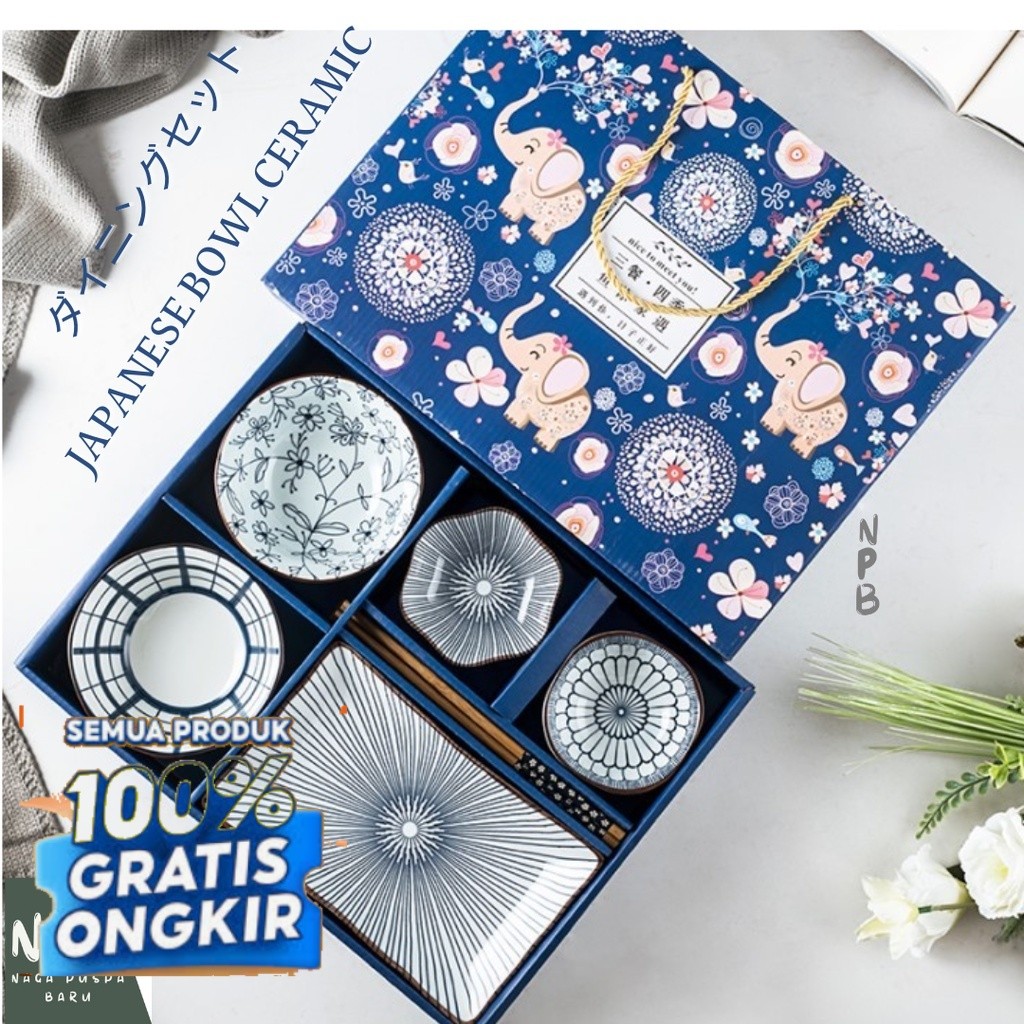 Japanese Bowl Ceramic Gift Set - Set Hampers Mangkuk Piring Keramik - Set Mangkuk Piring/ Biru Hijau