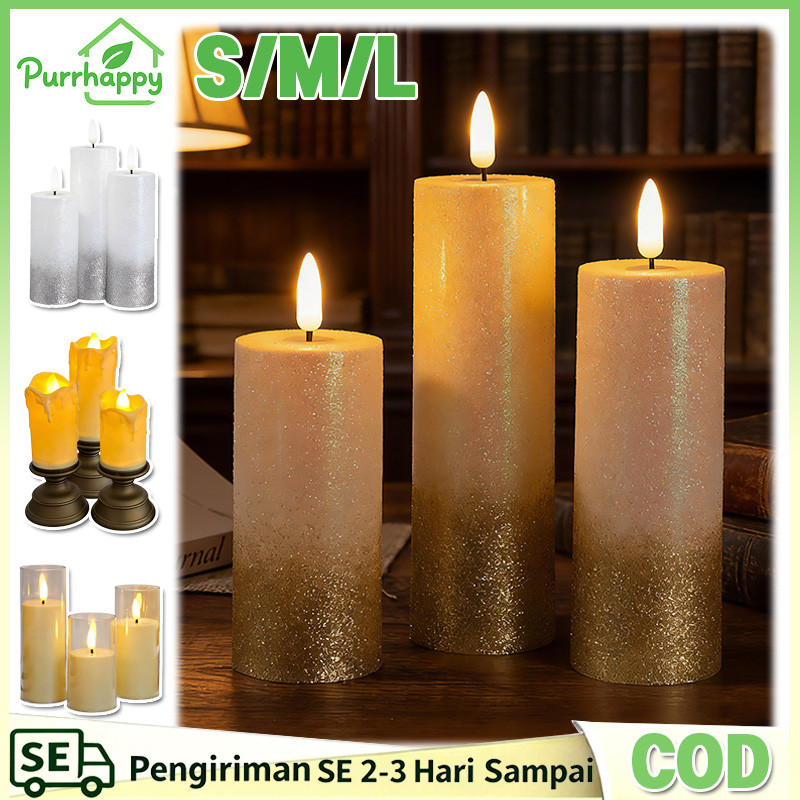 Purrhappy S/M/L Lilin LED Glitter Romantis Pink Dan Gold Lilin Lampu LED Lilin Tanpa Asap Lampu Lili