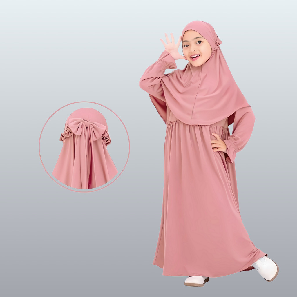 Gamis Anak Perempuan 2–9 Tahun Set Hijab Syari Polos Jersey Adem Baju Muslim Anak Dress Lebaran Peng