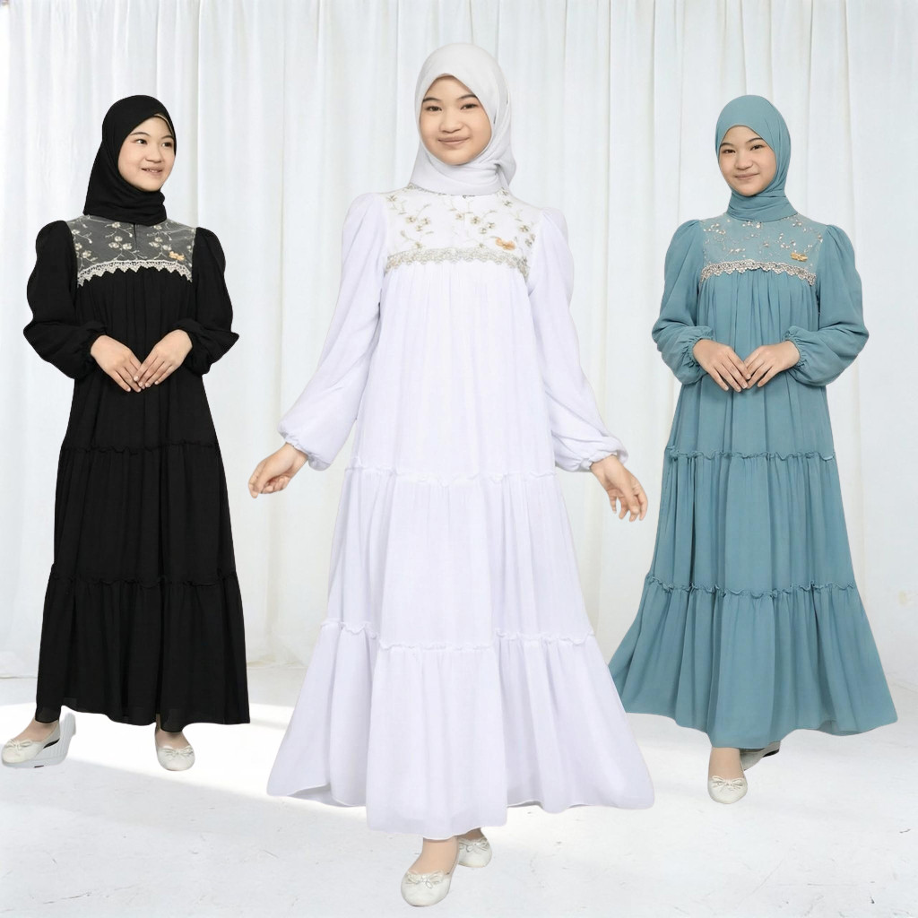 [Ready Stok] Gamis Anak Perempuan Tanggung Pesta Mix Brokat Ceruty Babydoll Baju Lebaran Brukat Rema
