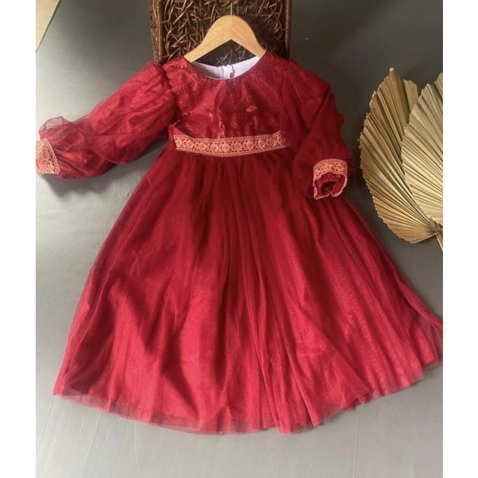 PROMO LEBARAN Gaun pesta muslim anak / baju muslim anak / baju pesta anak / tangan balon - Maroon, 3