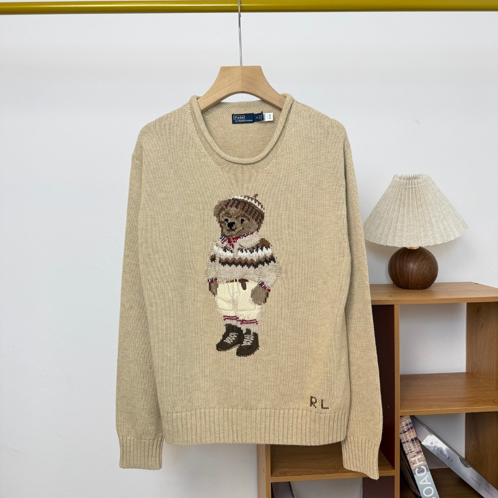 ORI~RL POLO Sweater Rajut Bear Bordir Motif Kait dengan Leher Bulat Baru
