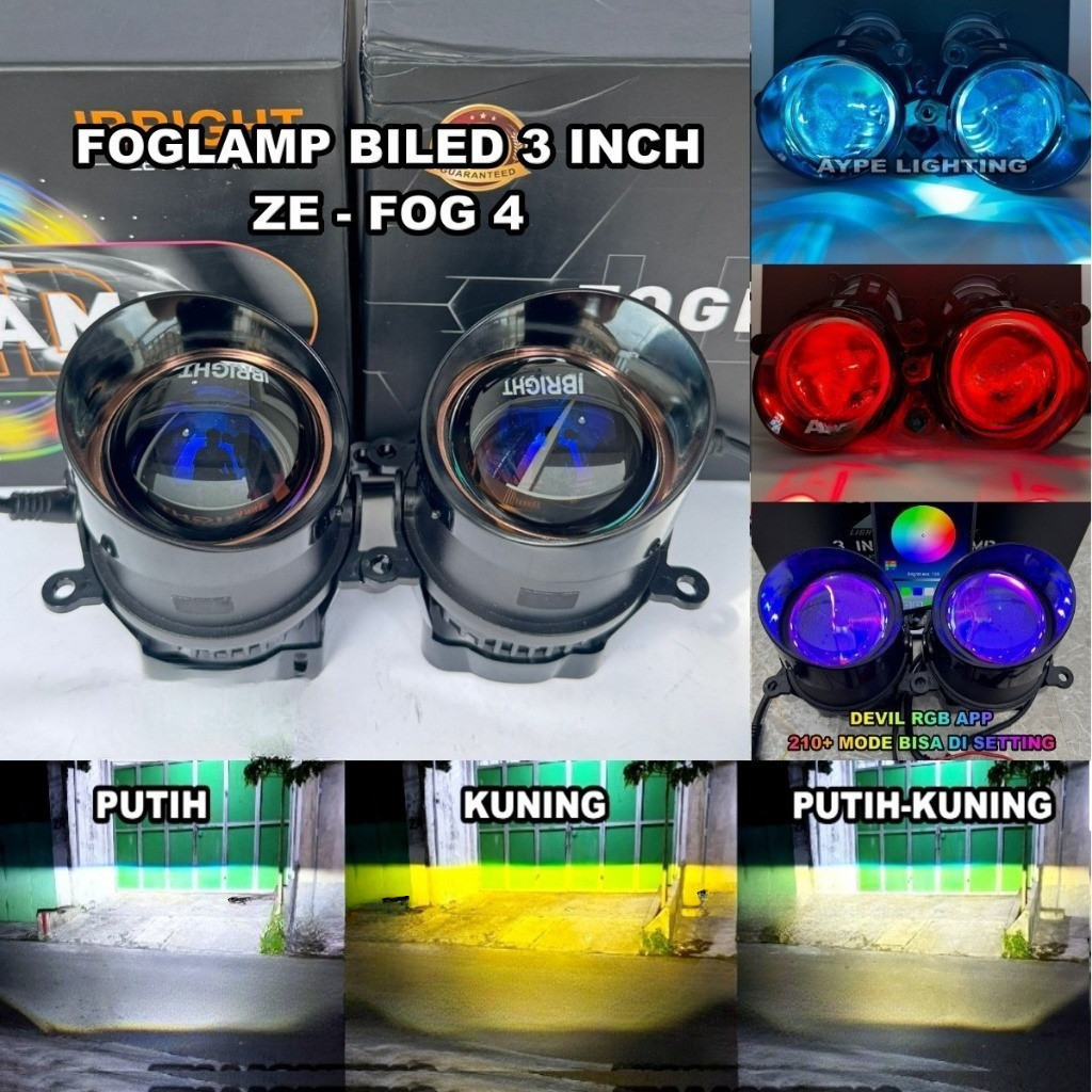 Foglamp Biled Sepasang ZE FOG 4 IBRIGHT Bluelens Lengkap Brecket Devil Rgb Apps Foglamp Mobil