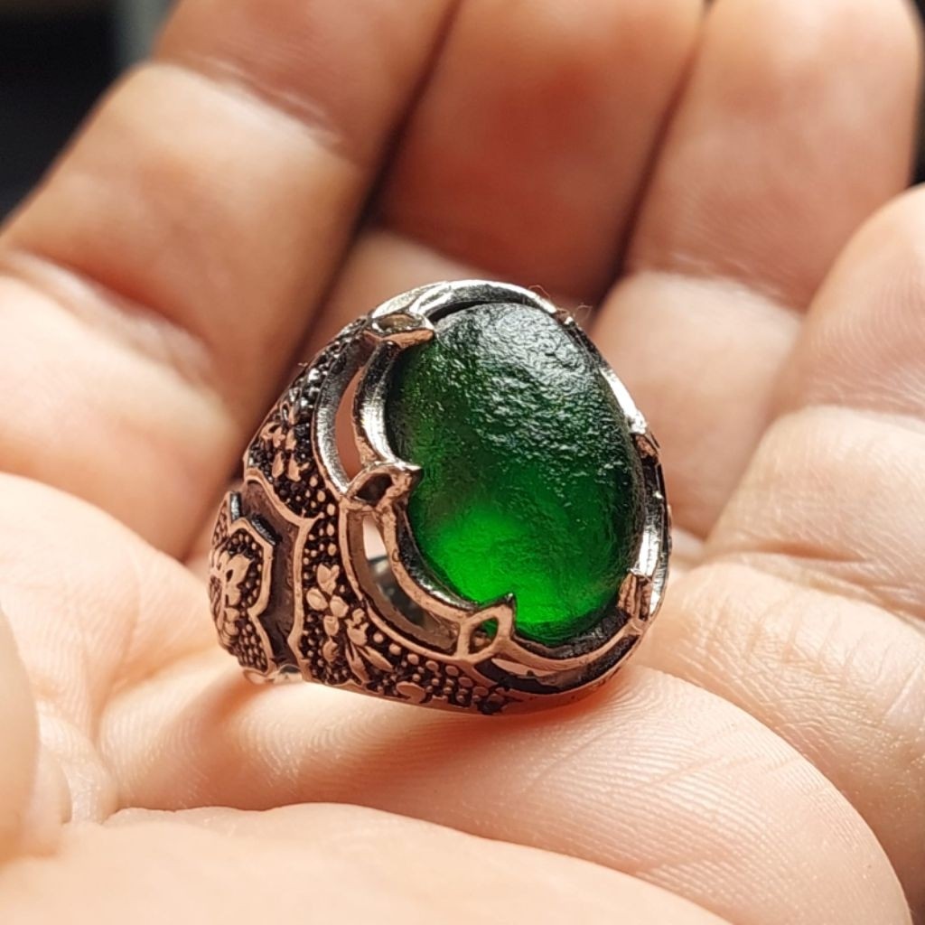 Cincin Batu Meteor Hijau Moldavite / Satam Iron Meteorit Green Textite Ring Alpaka Super Mewah Elega