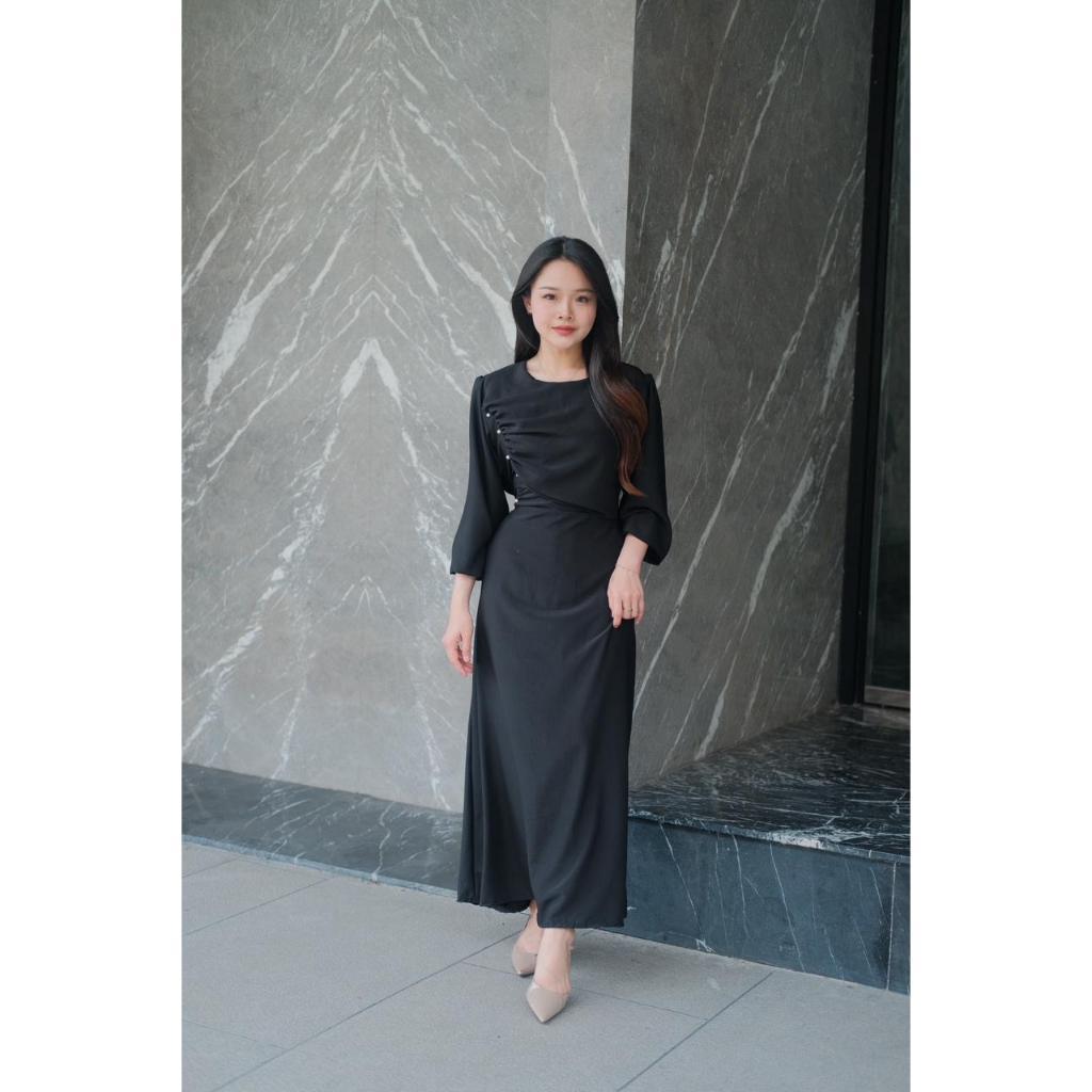 Yeona Dress Cotton Draped Mewah Elegant / Dress Lengan Panjang Bertali Casual - Dandelions Account