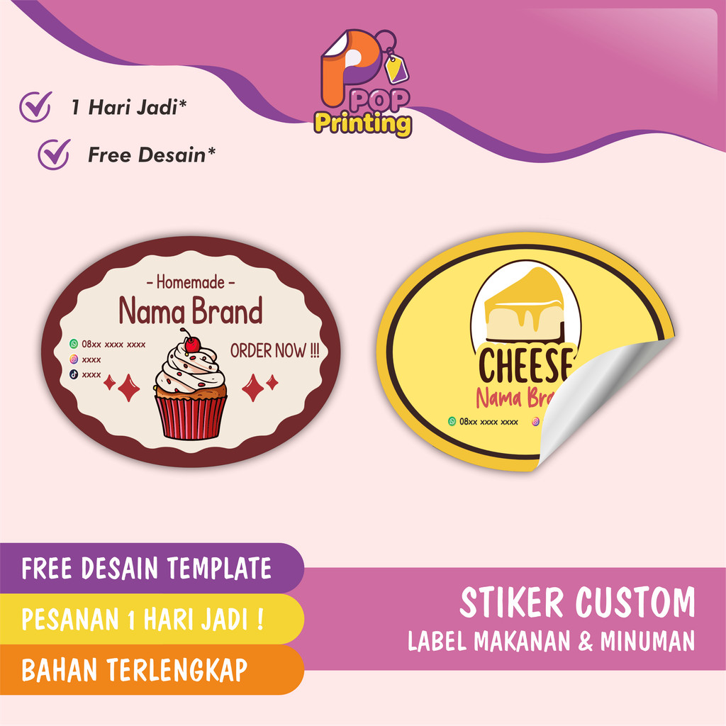Pop_Printing Stiker Label Custom Free Design Oval Chromo Bontax Label Kemasan produk Makanan Minuman