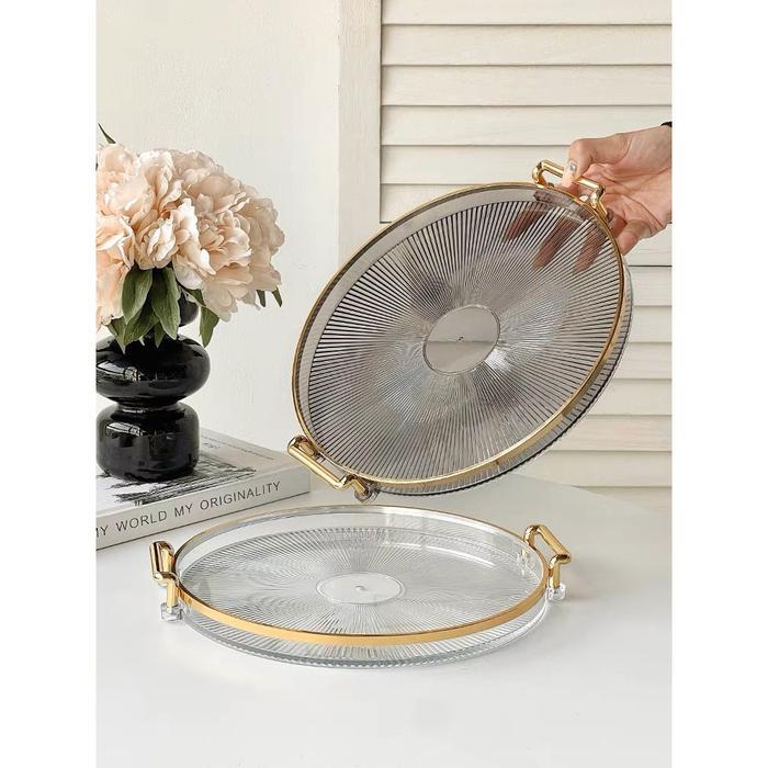 Aesthetic Tray Nampan Plastik Bulat Baki Transparan Wadah Perhiasan Rumah Buah Snack Pegangan Handle