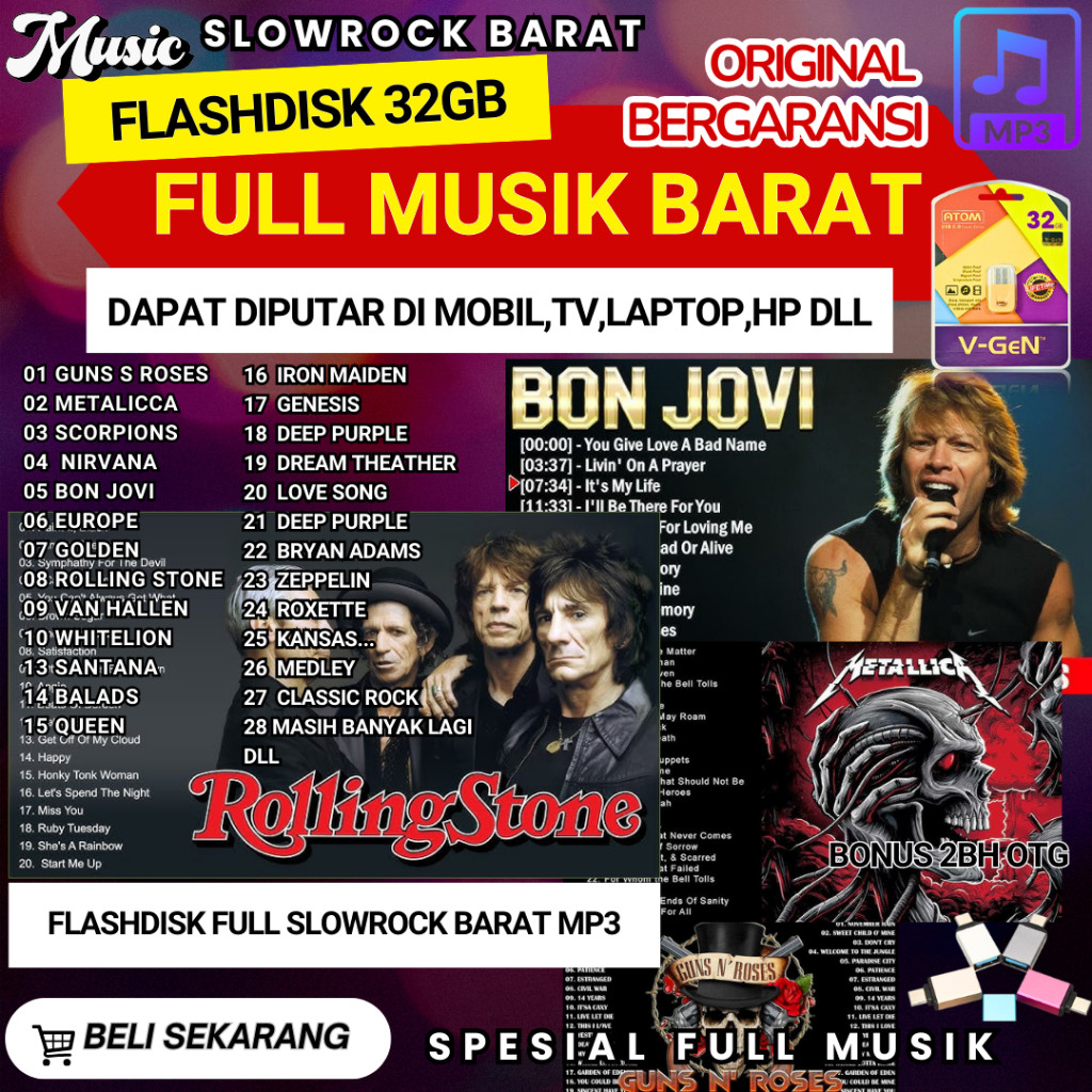 USB Flashdisk 32GB Slow Rock Barat Kenangan Full Album - Suara Jernih Bass - Bonus 2 OTG - Paket Lag