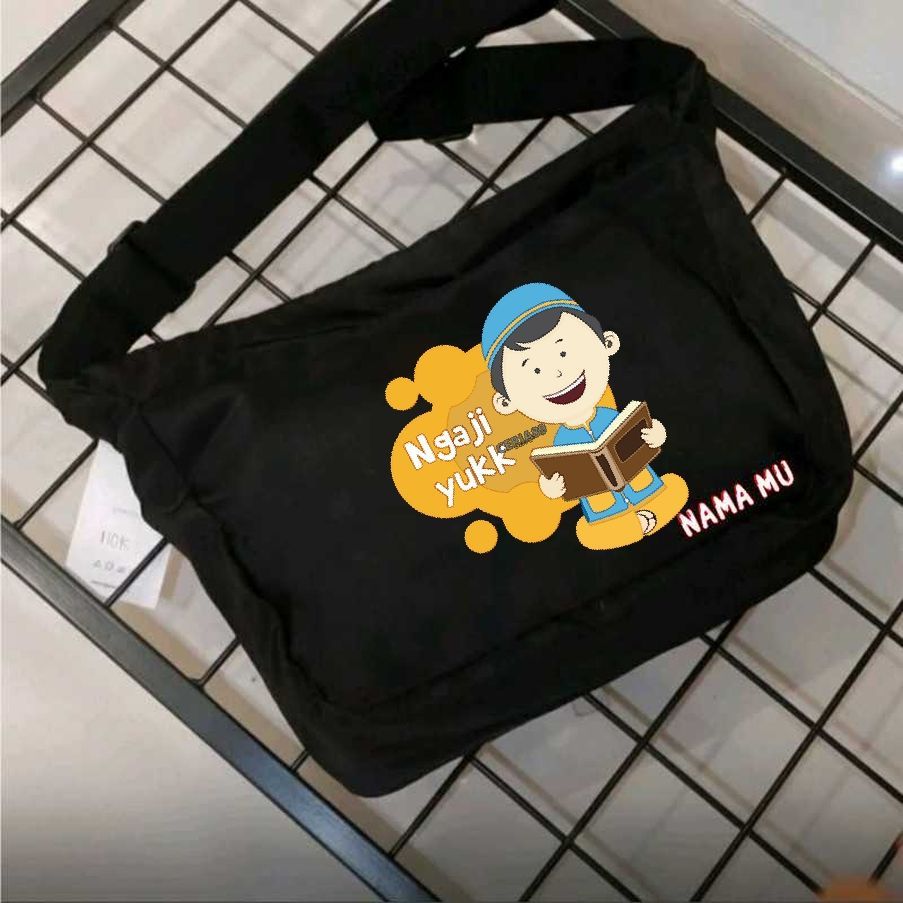 Tas Selempang Ngaji Anak Islami Muslim Custom Nama Laki Laki Perempuan Muat Buku Iqro Quran Praktis 