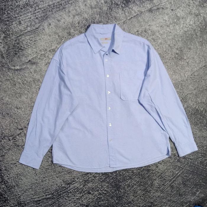 Kemeja lengan panjang SPAO oversize biru basic polos casual murah boxy size xxxl