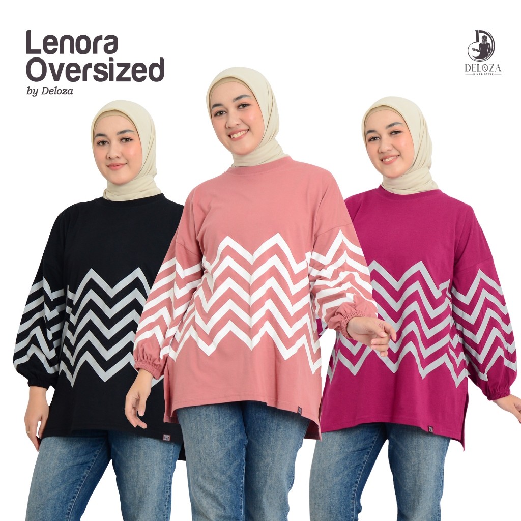 ORIGINAL>> Lenora Oversize Atasan Wanita Jumbo Kaos Katun Garis Sablon Lengan Balon LD 125 By Deloza