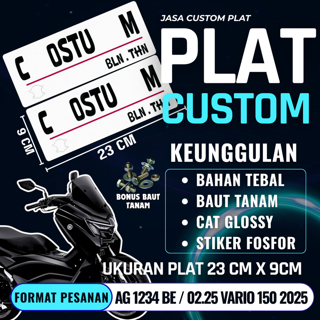 PLAT CUSTOM WARNA PUTIH PLAT CUSTOM SATU PASANG WARNA PUTIH PLAT CUSTOM BAUT TANAM