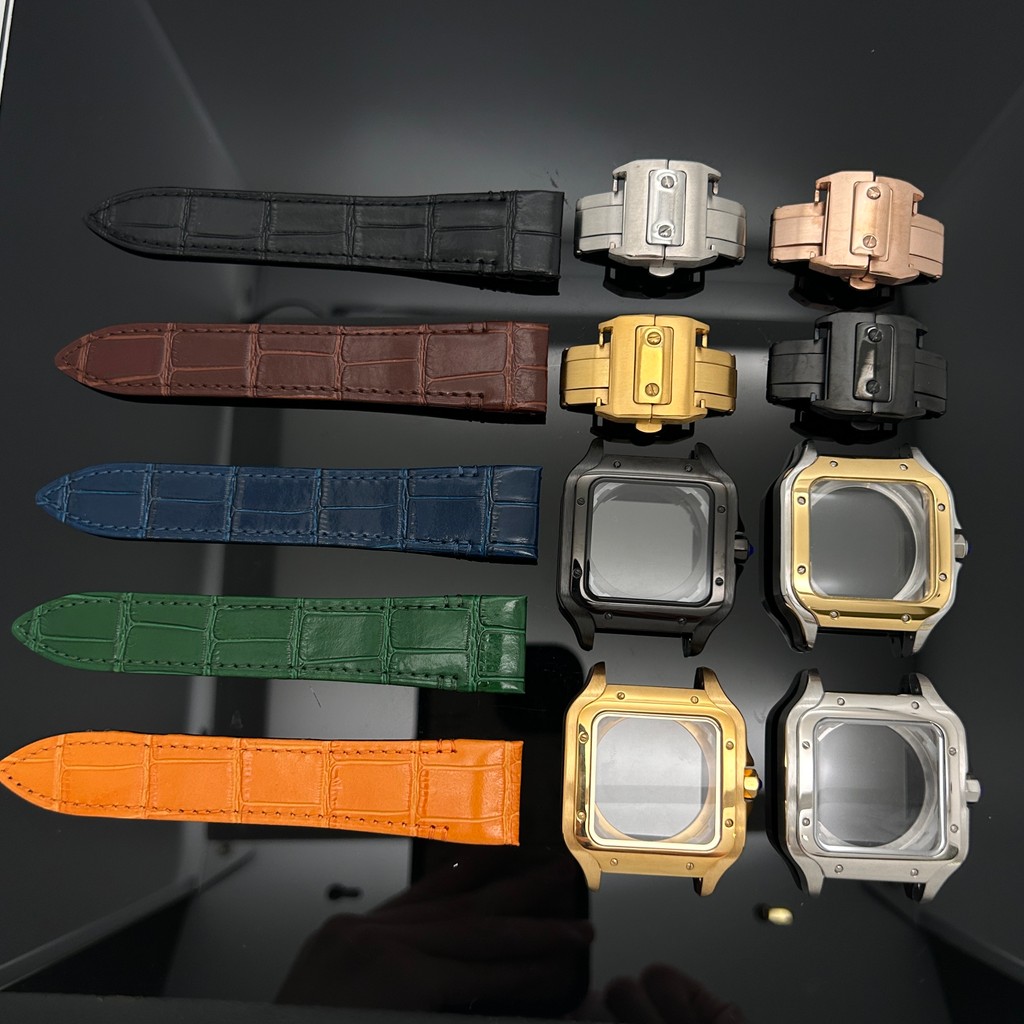 Gold Silver Black 21mm Men's Women's Green Brown Leather Strap Folng Cuff Bracelet fits Cartier Sant