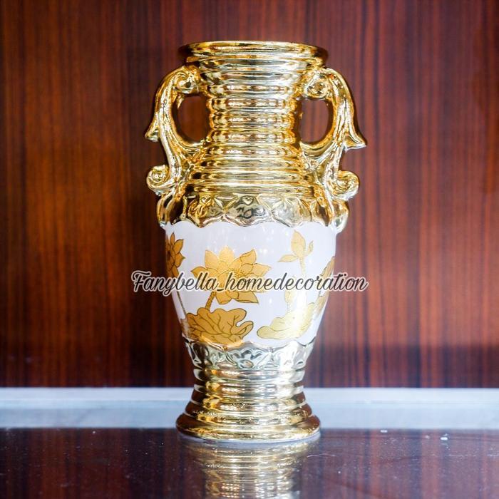 Vas Bunga Keramik Guci Mini Gold Putih Emas Motif bunga Antik dekorasi rumah import - V1