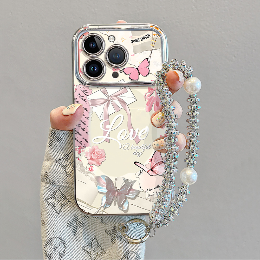 (COD)casing iphone 16 15 14 13 motif love kupu-kupu mawar rantai tahan gores case hp aesthetic