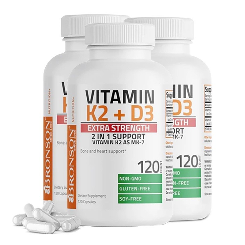 Suplemen Vitamin K2 + D3 Bronson Extra Strength 120 Kapsul MK-7 Non-GMO Gluten-Free Magnesium Glycin