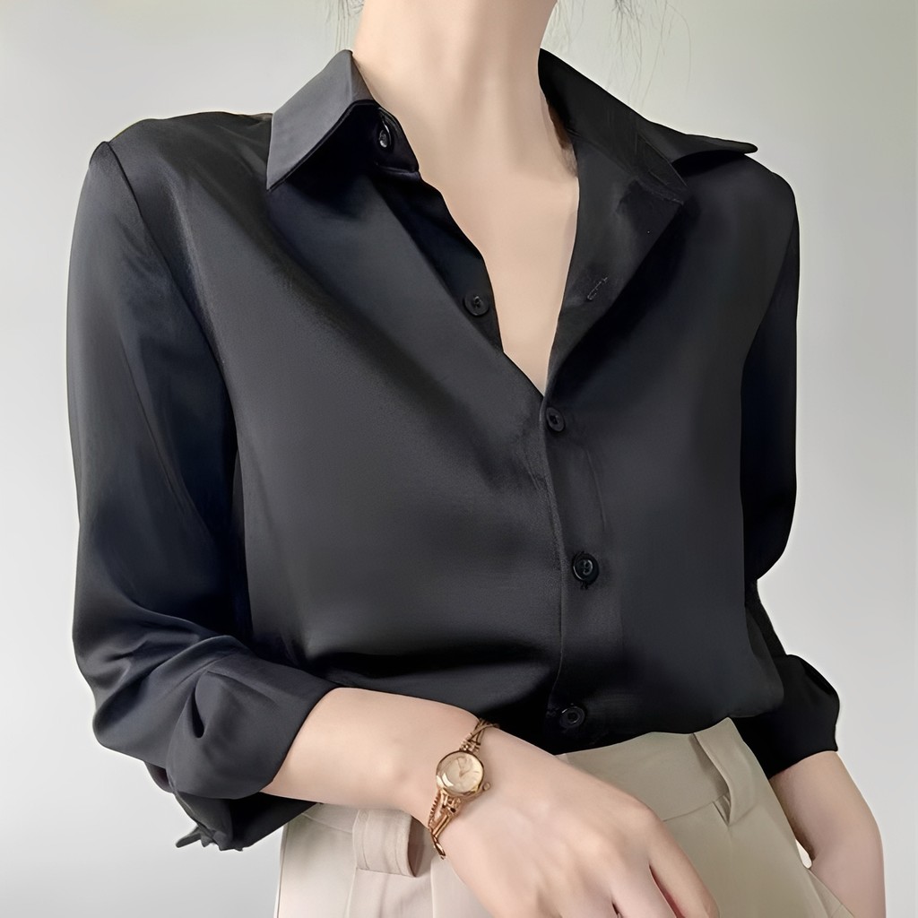 Kemeja Satin Sutra Hitam Longgar Gaya Korea Wanita