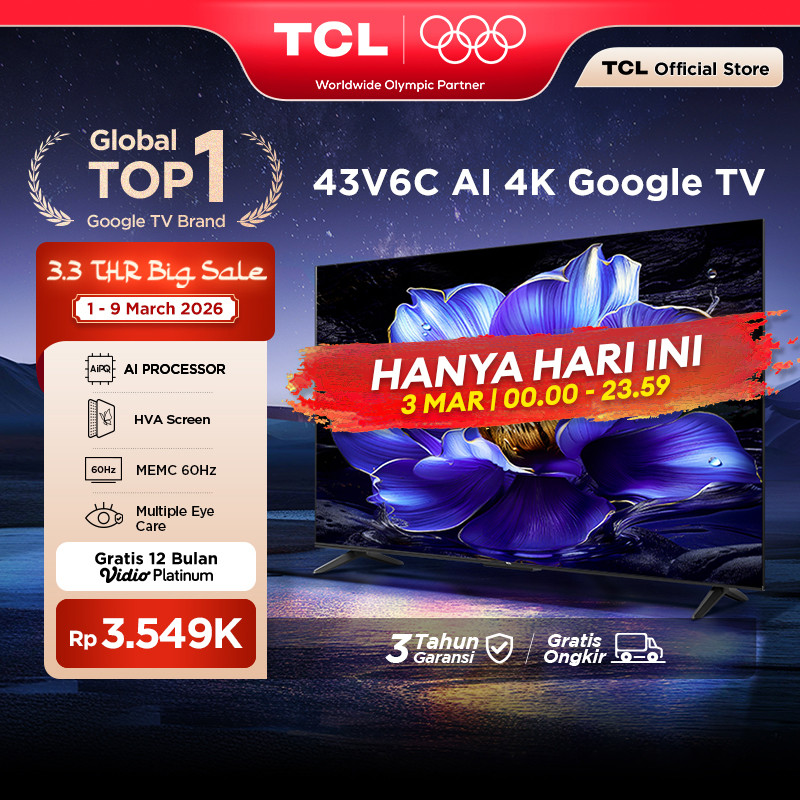 TCL AI 4K Google TV 43 inch V6C - MEMC - HDR 10 - HVA Panel - Dolby Audio - Google Play/Netflix/Yout
